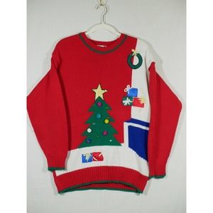 Vintage Sweater Brand Bravo! Ugly Christmas Tree Woman M Made in Korea Red